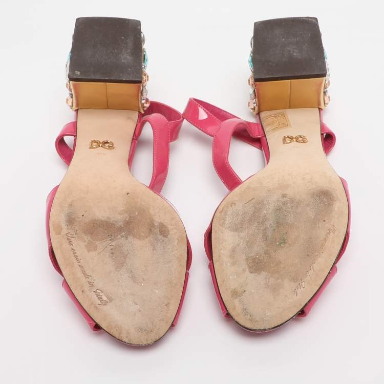 Pre Owned Dolce & Gabbana Pink Patent Leather Crystal Embellished Heel Ankle Strap Sandals Size 38.5