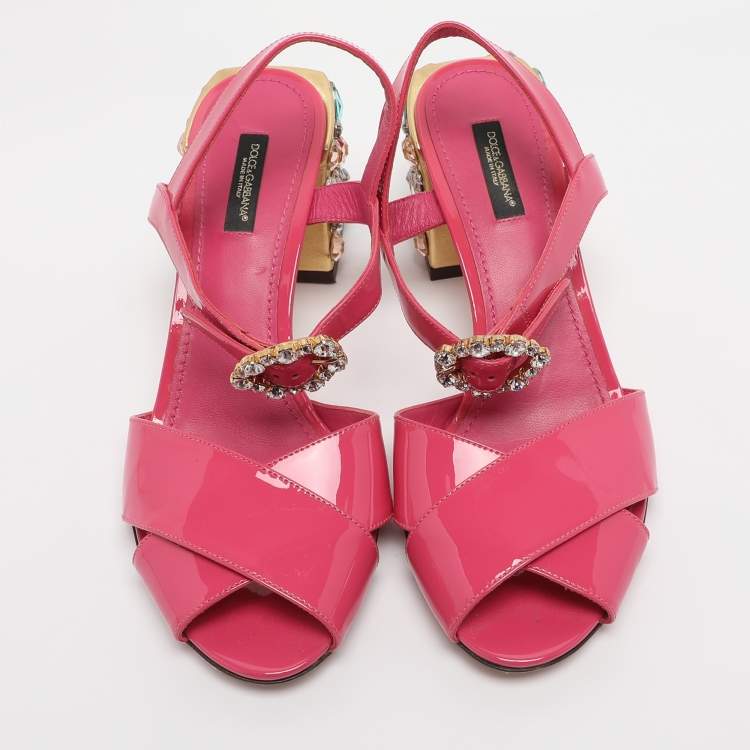 Pre Owned Dolce & Gabbana Pink Patent Leather Crystal Embellished Heel Ankle Strap Sandals Size 38.5