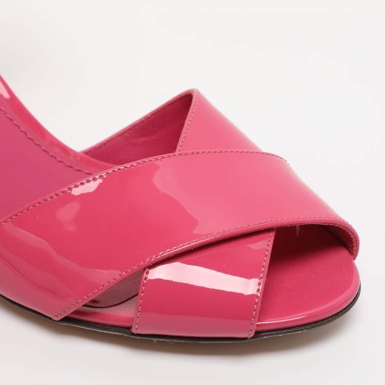 Pre Owned Dolce & Gabbana Pink Patent Leather Crystal Embellished Heel Ankle Strap Sandals Size 38.5