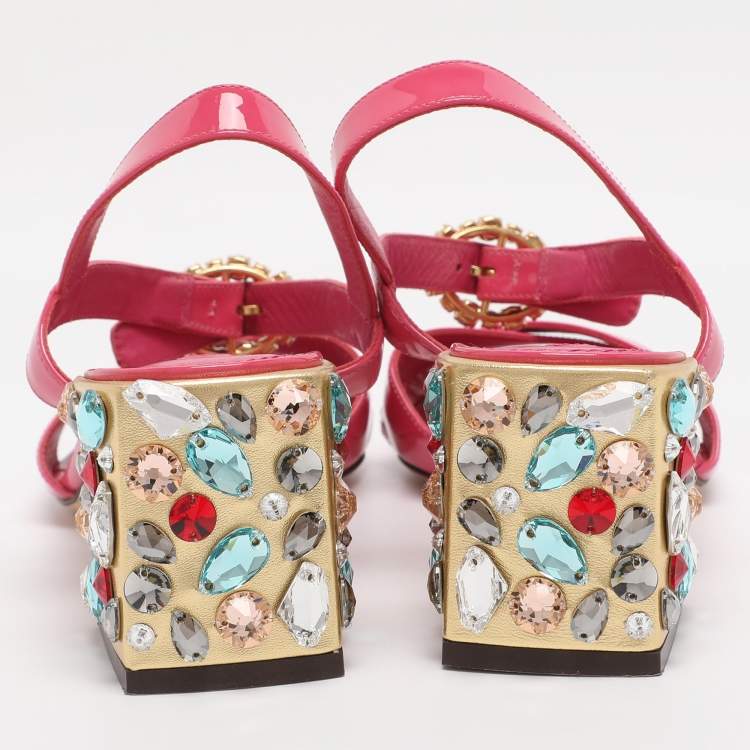 Pre Owned Dolce & Gabbana Pink Patent Leather Crystal Embellished Heel Ankle Strap Sandals Size 38.5