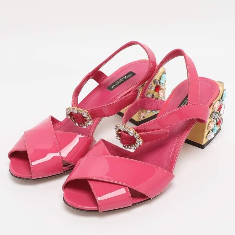 Pre Owned Dolce & Gabbana Pink Patent Leather Crystal Embellished Heel Ankle Strap Sandals Size 38.5