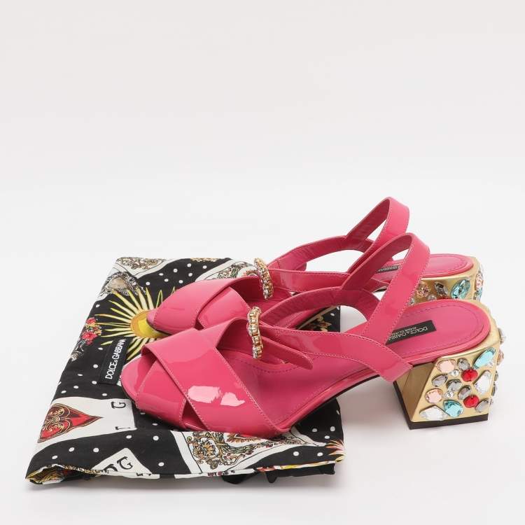 Pre Owned Dolce & Gabbana Pink Patent Leather Crystal Embellished Heel Ankle Strap Sandals Size 38.5