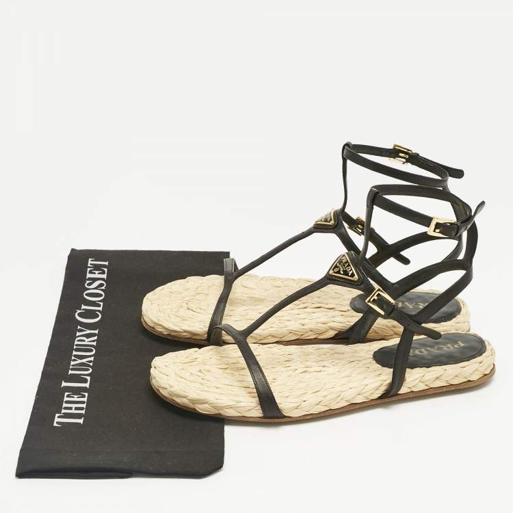 Pre Owned Prada Black Leather Ankle Strap Espadrille Sandals Size 41