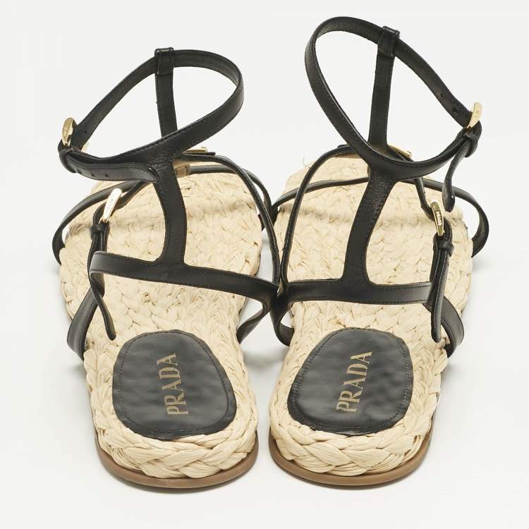 Pre Owned Prada Black Leather Ankle Strap Espadrille Sandals Size 41