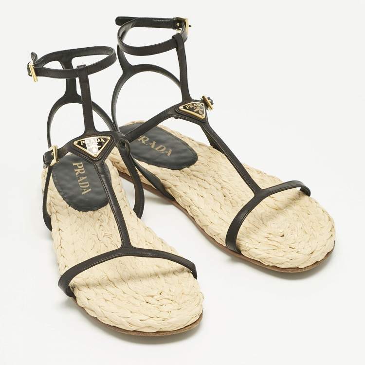 Pre Owned Prada Black Leather Ankle Strap Espadrille Sandals Size 41
