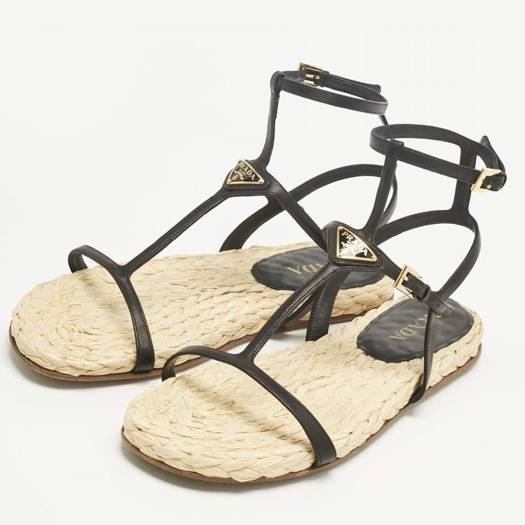 Pre Owned Prada Black Leather Ankle Strap Espadrille Sandals Size 41