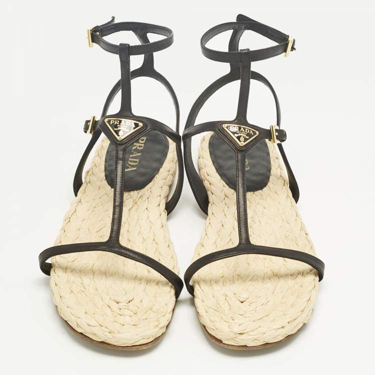 Pre Owned Prada Black Leather Ankle Strap Espadrille Sandals Size 41
