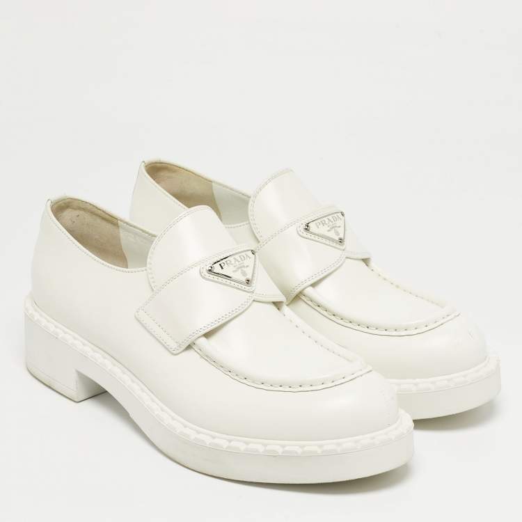 Pre Owned Prada White Leather Monolith Loafers Size 40