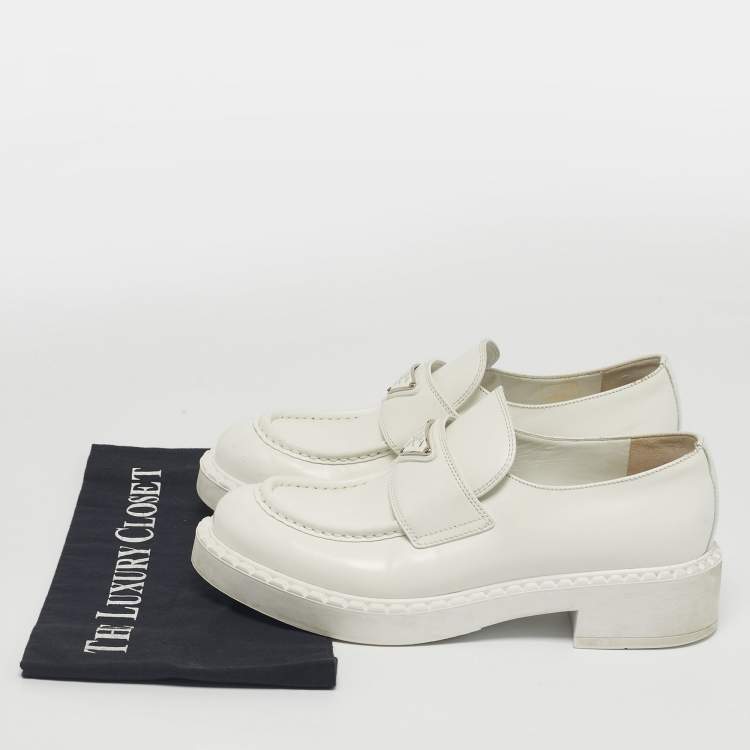 Pre Owned Prada White Leather Slip On Loafers Size 38.5