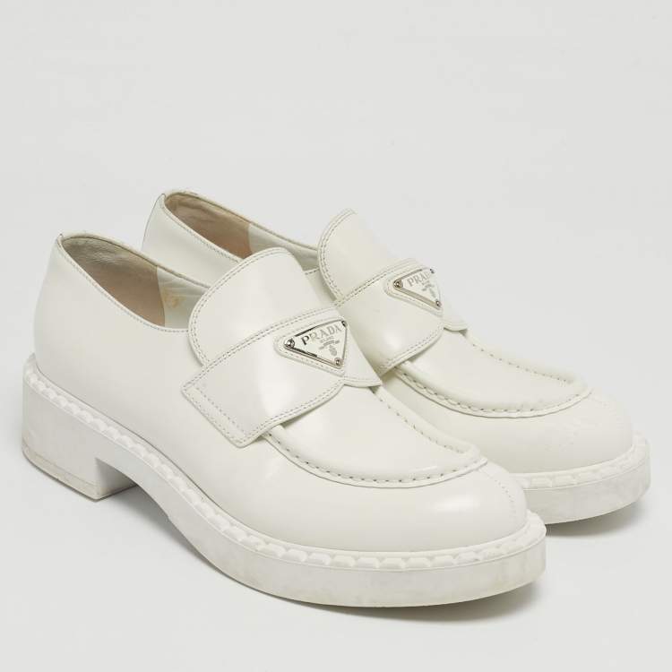 Pre Owned Prada White Leather Slip On Loafers Size 38.5
