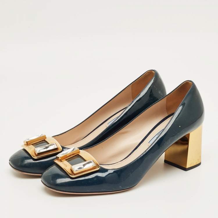 Pre Owned Prada Teal Green Patent Leather Buckle Crystal Pumps Size 38.5