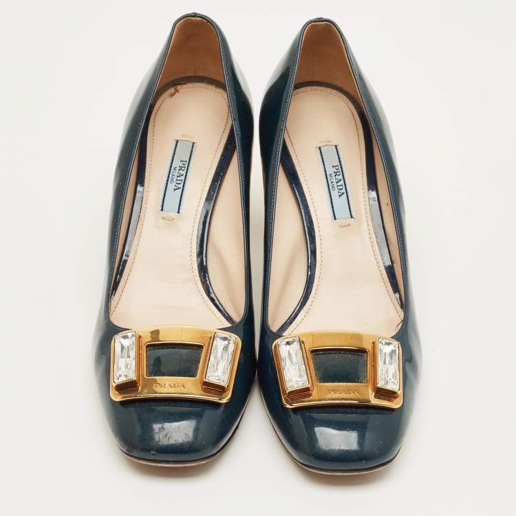 Pre Owned Prada Teal Green Patent Leather Buckle Crystal Pumps Size 38.5