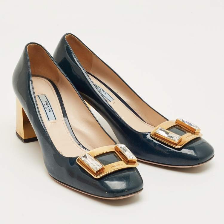 Pre Owned Prada Teal Green Patent Leather Buckle Crystal Pumps Size 38.5