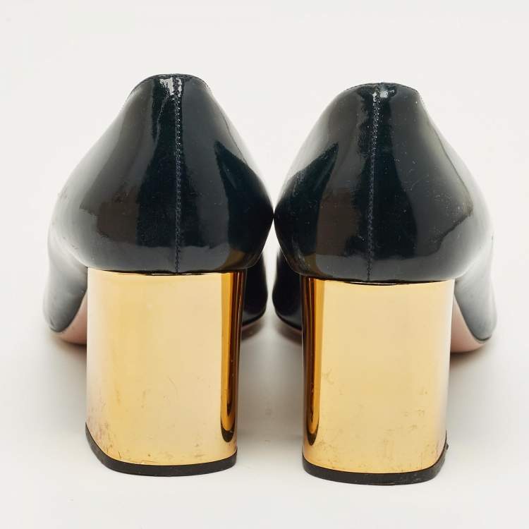 Pre Owned Prada Teal Green Patent Leather Buckle Crystal Pumps Size 38.5