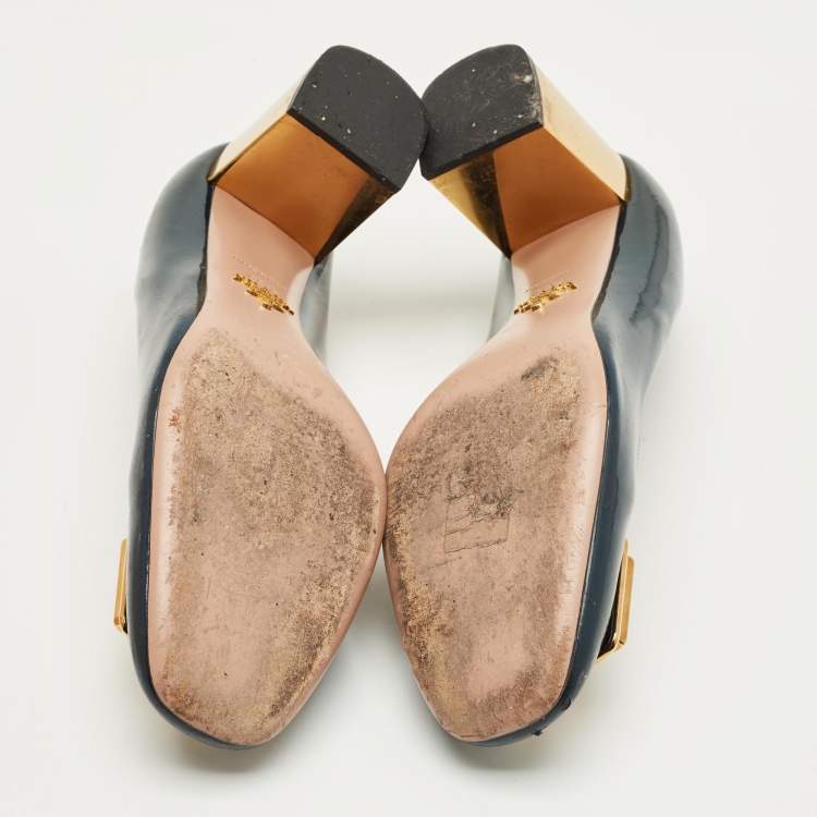 Pre Owned Prada Teal Green Patent Leather Buckle Crystal Pumps Size 38.5