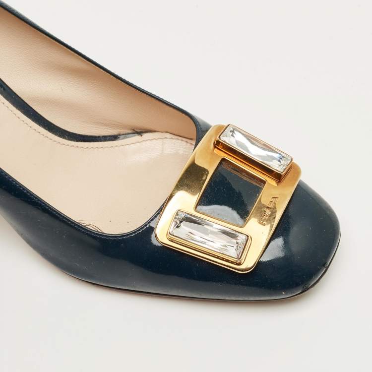 Pre Owned Prada Teal Green Patent Leather Buckle Crystal Pumps Size 38.5