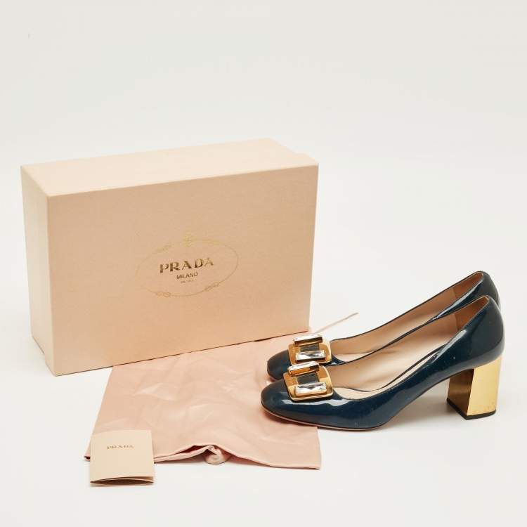 Pre Owned Prada Teal Green Patent Leather Buckle Crystal Pumps Size 38.5