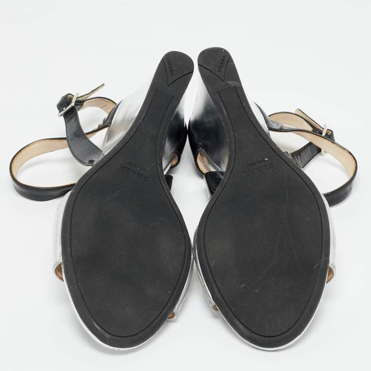 Pre Owned Prada Black/Silver Patent Leather Wedge Slingback Sandals Size 38.5