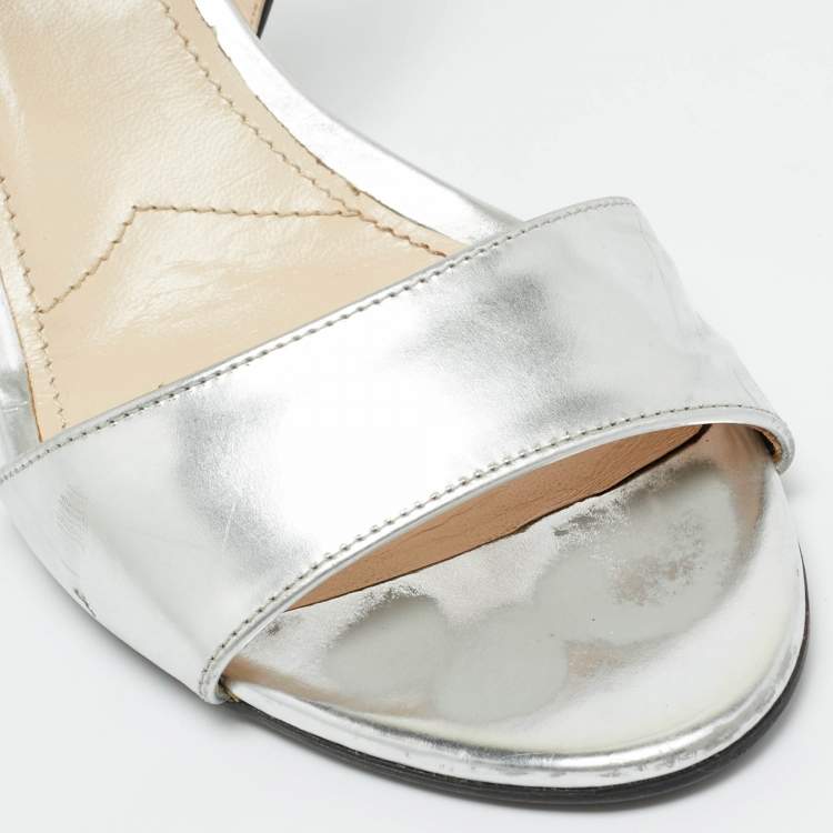 Pre Owned Prada Black/Silver Patent Leather Wedge Slingback Sandals Size 38.5