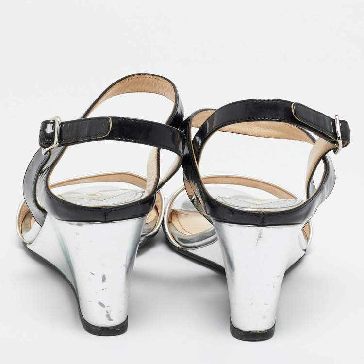 Pre Owned Prada Black/Silver Patent Leather Wedge Slingback Sandals Size 38.5