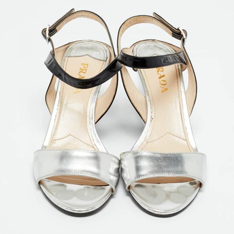Pre Owned Prada Black/Silver Patent Leather Wedge Slingback Sandals Size 38.5