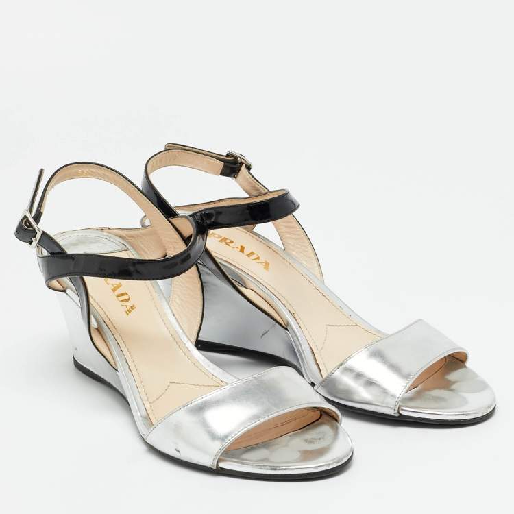 Pre Owned Prada Black/Silver Patent Leather Wedge Slingback Sandals Size 38.5