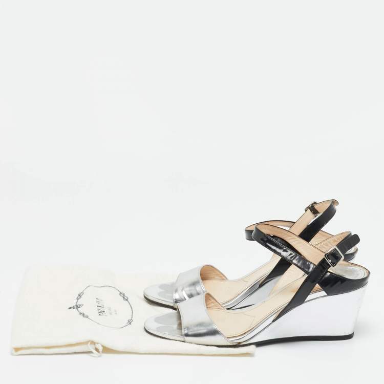 Pre Owned Prada Black/Silver Patent Leather Wedge Slingback Sandals Size 38.5