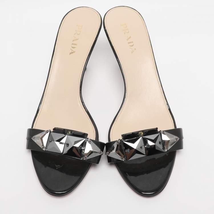 Pre Owned Prada Black Patent Leather Embellished Slide Sandals Size 39
