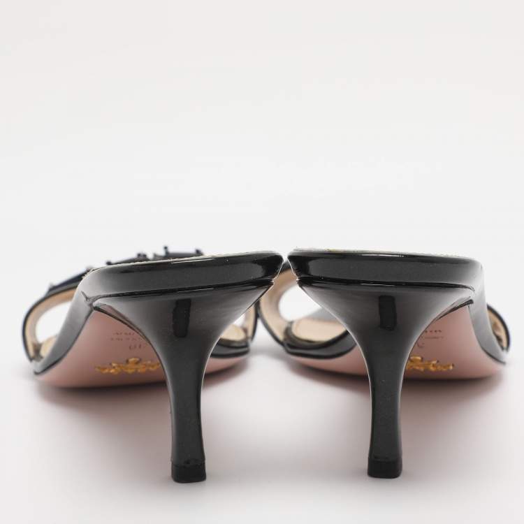 Pre Owned Prada Black Patent Leather Embellished Slide Sandals Size 39
