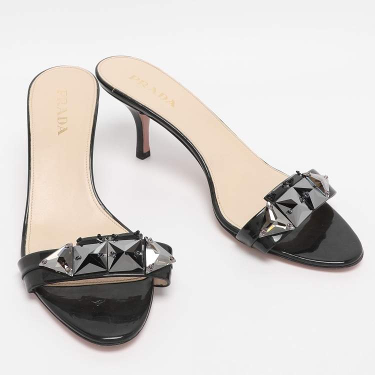 Pre Owned Prada Black Patent Leather Embellished Slide Sandals Size 39