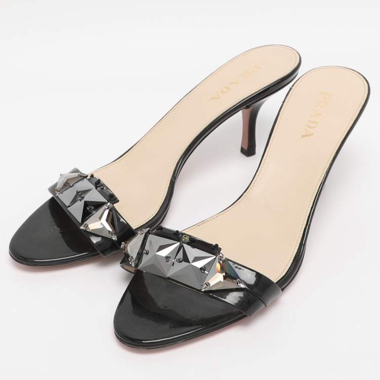 Pre Owned Prada Black Patent Leather Embellished Slide Sandals Size 39