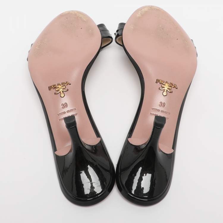 Pre Owned Prada Black Patent Leather Embellished Slide Sandals Size 39