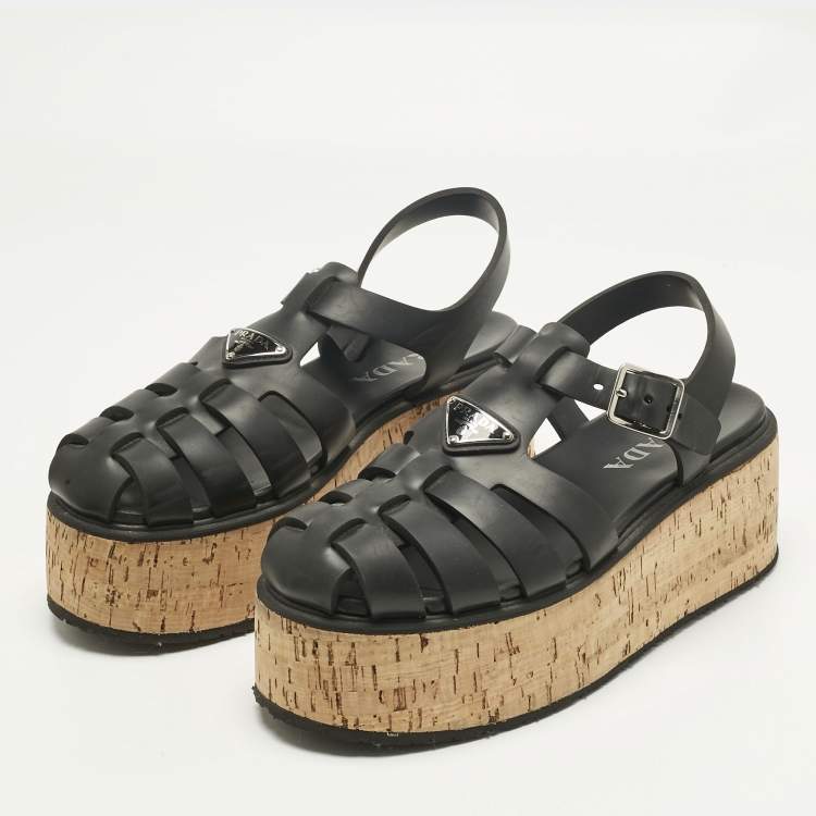 Pre Owned Prada Black Rubber Monolith Platform Cork Sandals Size 41