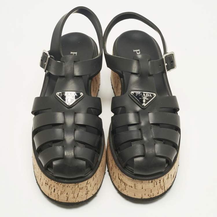 Pre Owned Prada Black Rubber Monolith Platform Cork Sandals Size 41