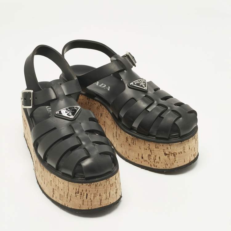 Pre Owned Prada Black Rubber Monolith Platform Cork Sandals Size 41