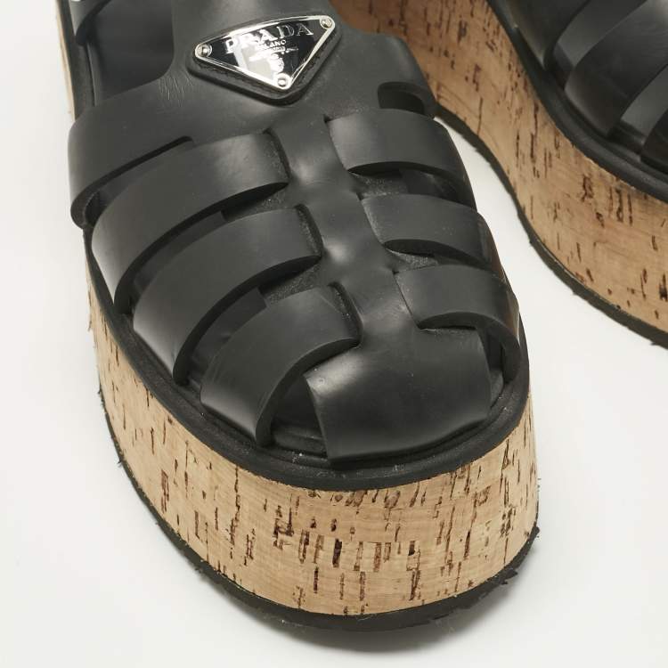 Pre Owned Prada Black Rubber Monolith Platform Cork Sandals Size 41