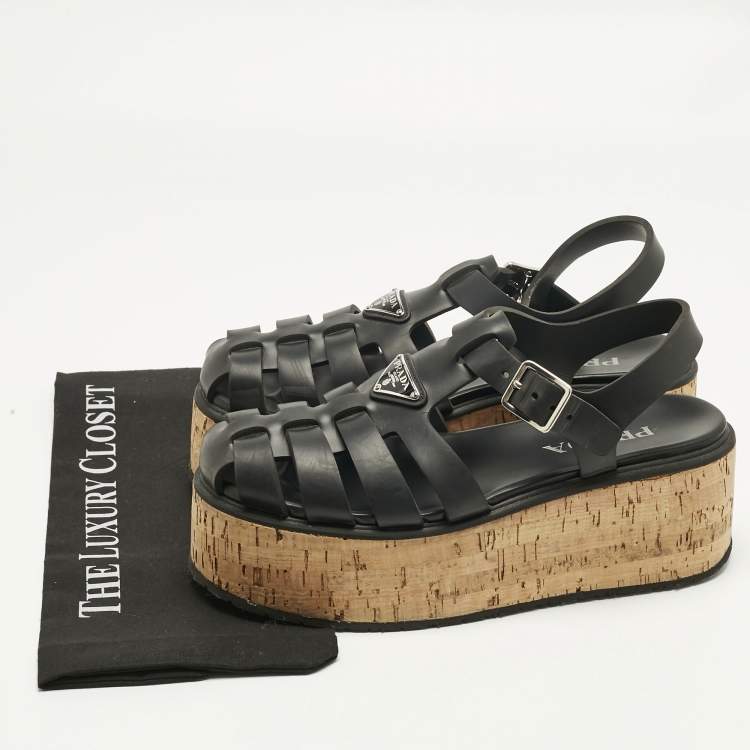 Pre Owned Prada Black Rubber Monolith Platform Cork Sandals Size 41
