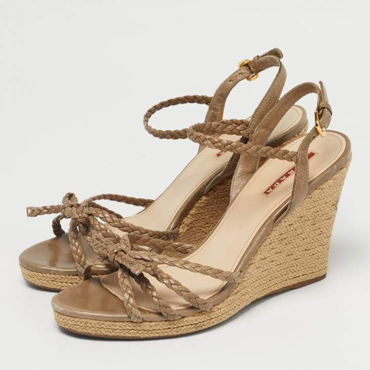 Pre Owned Prada Brown Leather Braided Basket Weave Wedge Sandals Size 40