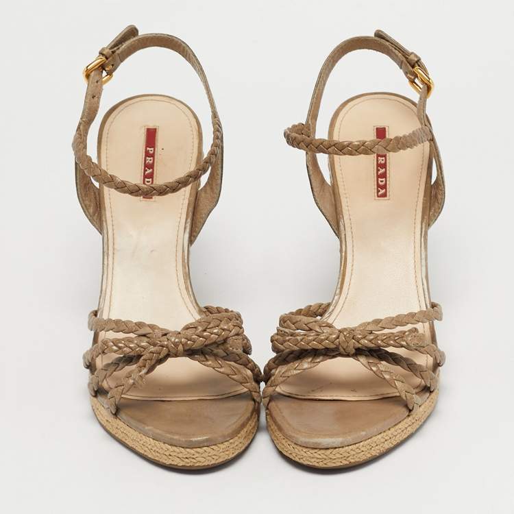 Pre Owned Prada Brown Leather Braided Basket Weave Wedge Sandals Size 40