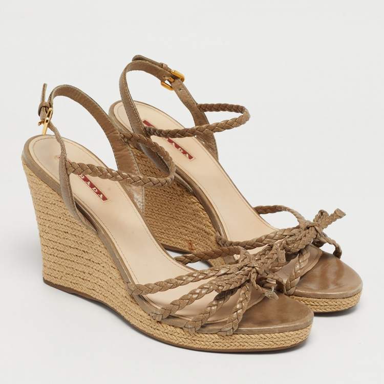 Pre Owned Prada Brown Leather Braided Basket Weave Wedge Sandals Size 40