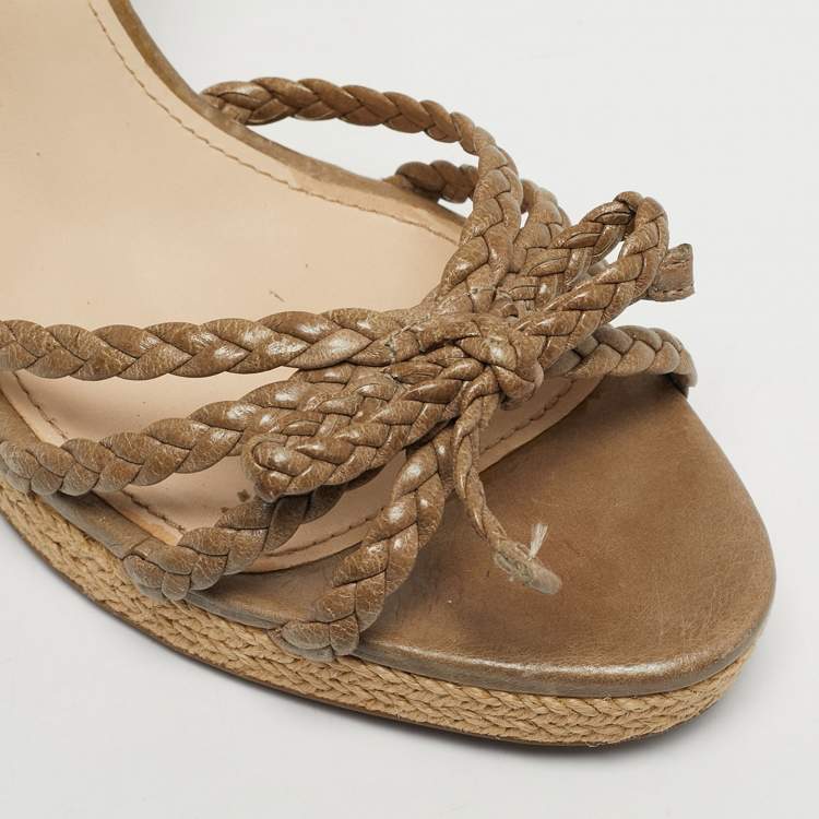 Pre Owned Prada Brown Leather Braided Basket Weave Wedge Sandals Size 40