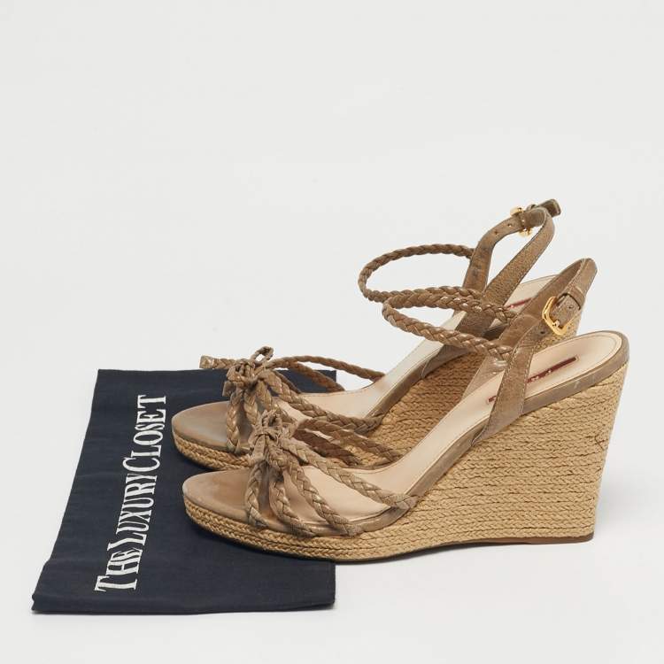 Pre Owned Prada Brown Leather Braided Basket Weave Wedge Sandals Size 40