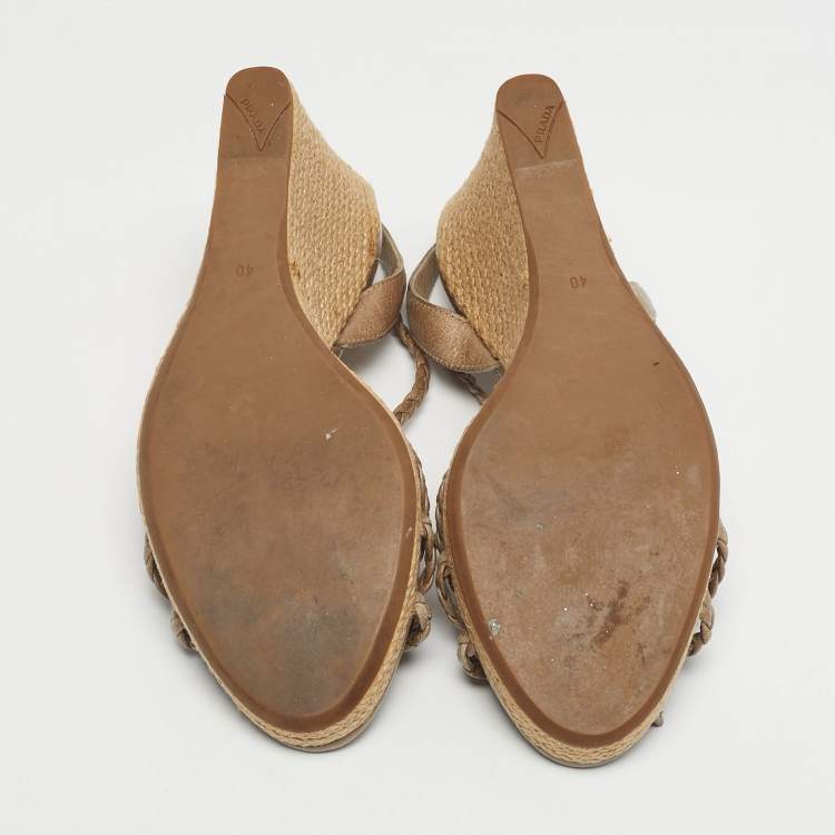 Pre Owned Prada Brown Leather Braided Basket Weave Wedge Sandals Size 40