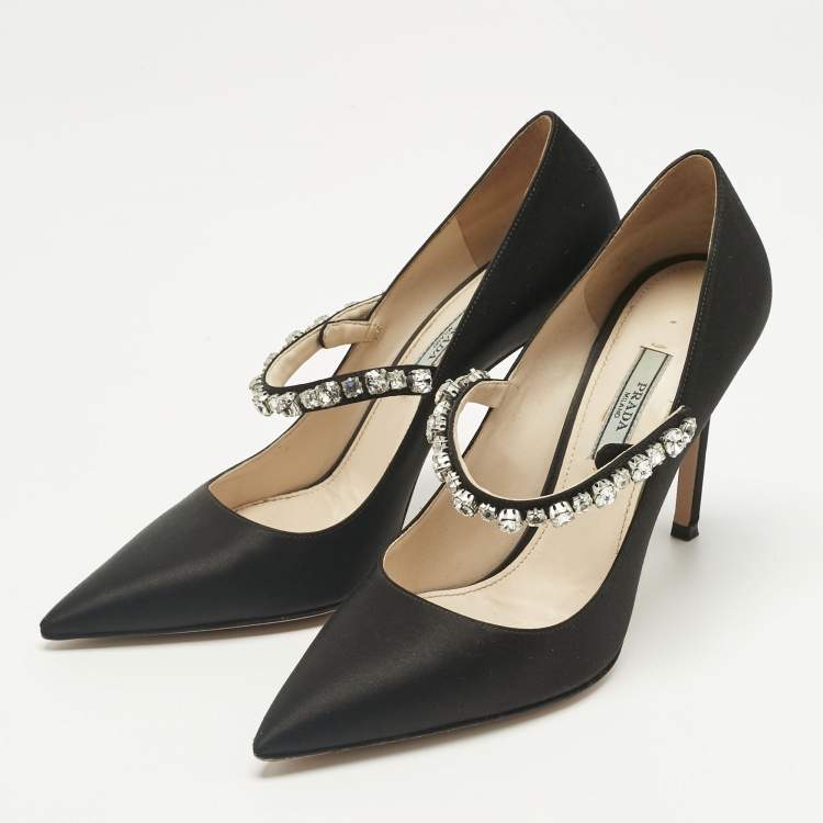 Pre Owned Prada Black Satin Crystal Embellished Pointed Toe Pumps Size 37