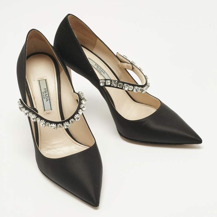 Pre Owned Prada Black Satin Crystal Embellished Pointed Toe Pumps Size 37