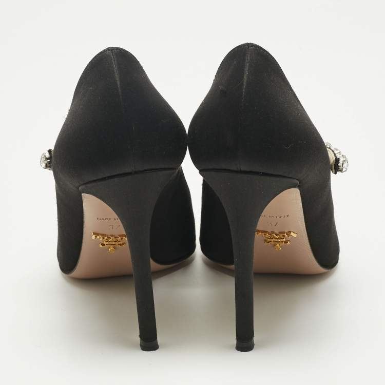Pre Owned Prada Black Satin Crystal Embellished Pointed Toe Pumps Size 37