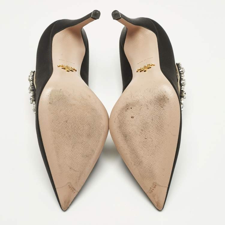 Pre Owned Prada Black Satin Crystal Embellished Pointed Toe Pumps Size 37