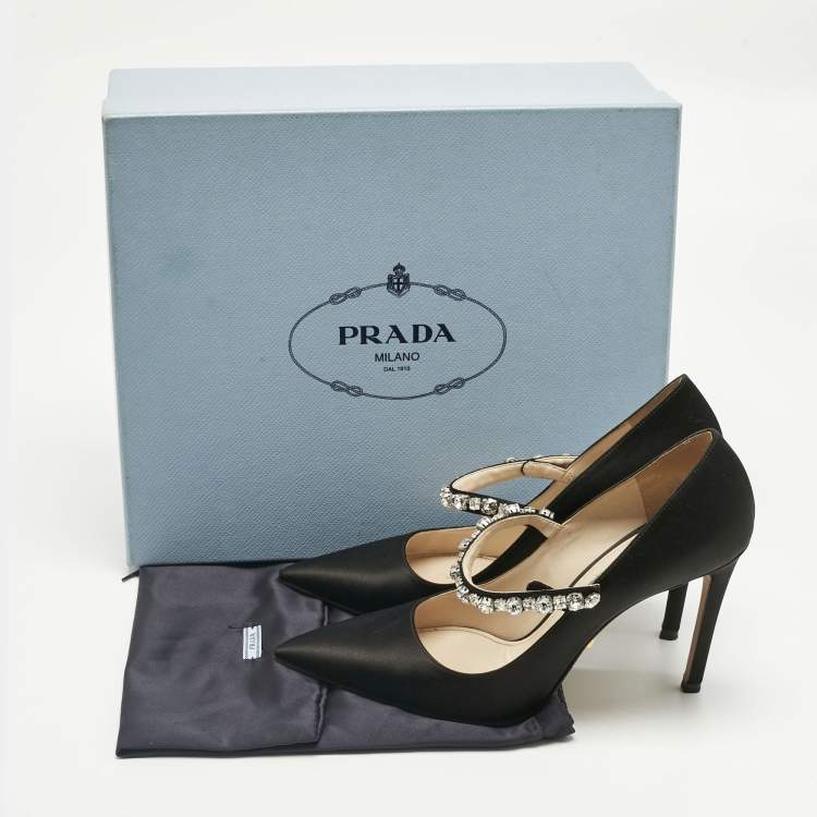 Pre Owned Prada Black Satin Crystal Embellished Pointed Toe Pumps Size 37