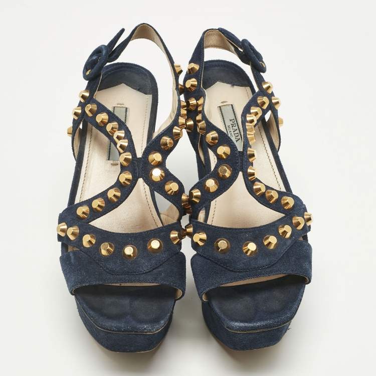 Pre Owned Prada Navy Blue Suede Studded Wedge Sandals Size 36