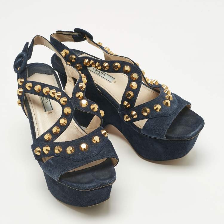 Pre Owned Prada Navy Blue Suede Studded Wedge Sandals Size 36